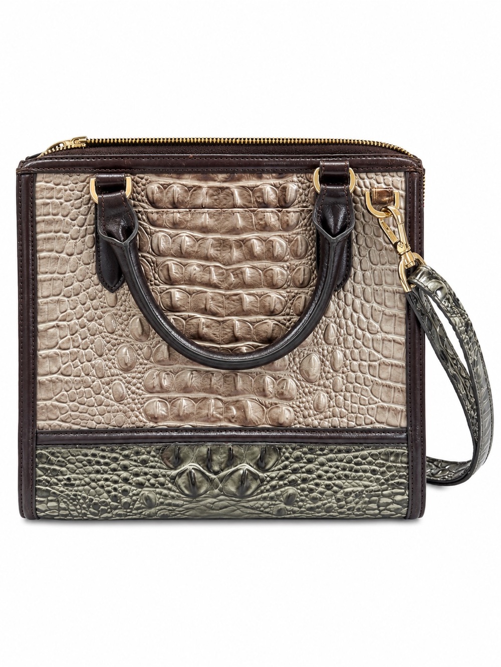 Brahmin Caroline Silver Taupe, Olive & Dark Brown Croc-Embossed Satchel - Picture 4 of 9